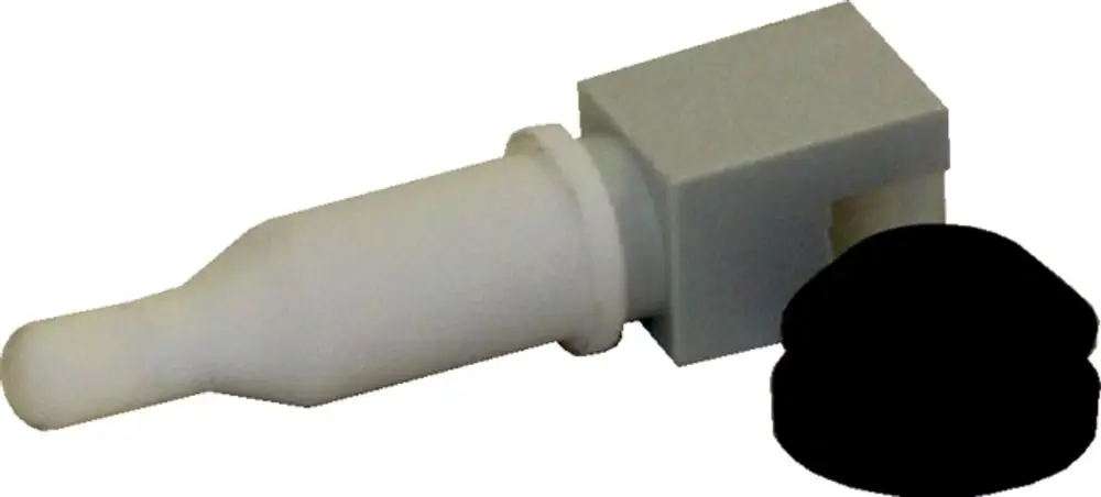 Abgasfühler mit einem weißen, länglichen Teil und einem quadratischen Abschnitt, zu sehen neben einem schwarzen O-Ring. Produkt von Wolf.
